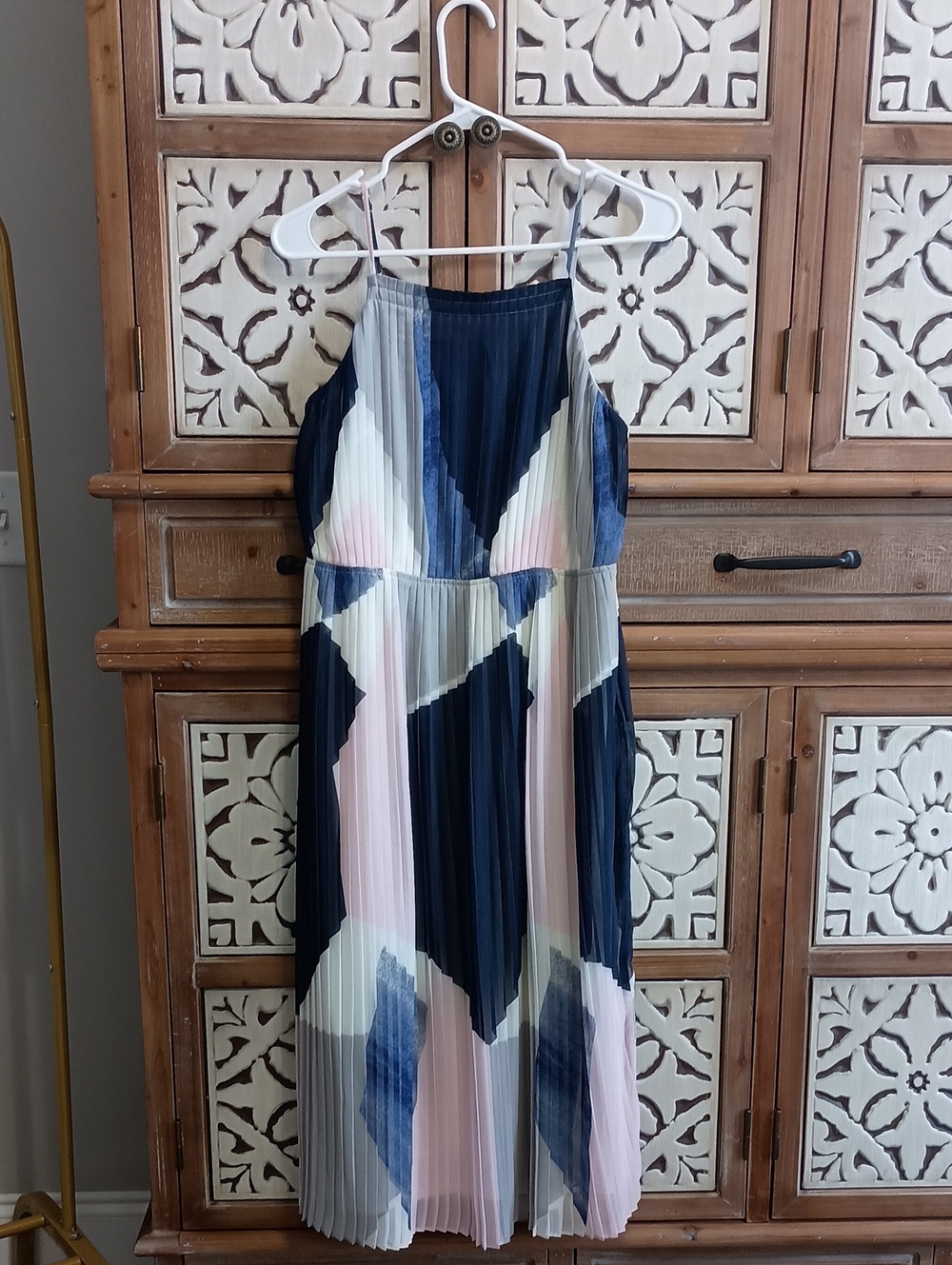Banana Republic Pleated Geometric Halter Midi Dress - Navy, Blush & Cream